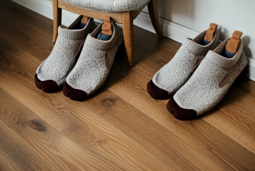 Gros plan sur des chaussures sans lacets et des chaussettes prêtes à être enfilées près d'une chaise.