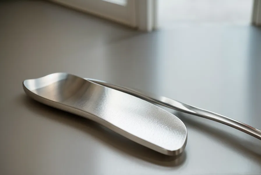 Un long chausse-pied en métal de 60 cm posé contre un mur clair.