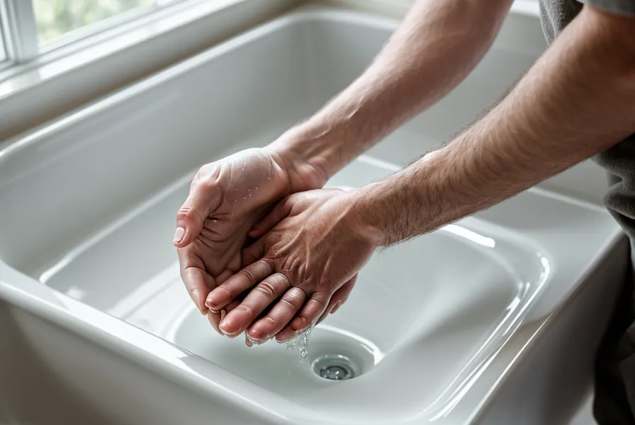 Main en appui sur le rebord du lavabo, un repère d'ergonomie maison pour soulager le dos